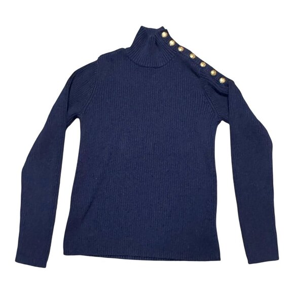Ralph Lauren Sweaters - Ralph Lauren Womens Navy Blue Ribbed Turtleneck Sweater Nautical Gold Button M